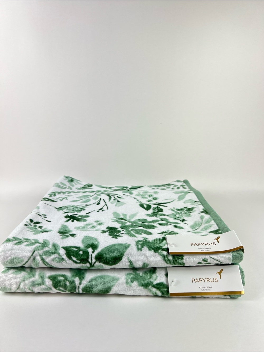 Papyrus Bath Towel Set Green White Floral Botanical Soft Cotton Velour 2 Pc NEW